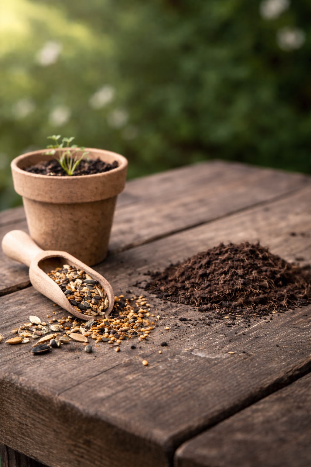 Blooming urn with soil and seeds